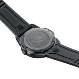Back view of the Luminox Pacific Diver Men's 44mm Quartz Watch XS.3123.B showing the screw-in case back. This Pacific Diver 3120 Series dive watch is water resistant to 200m and comes on a black cut-to-fit rubber strap.