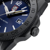 Close up of a Luminox watch case with a Dark Blue face and white accents