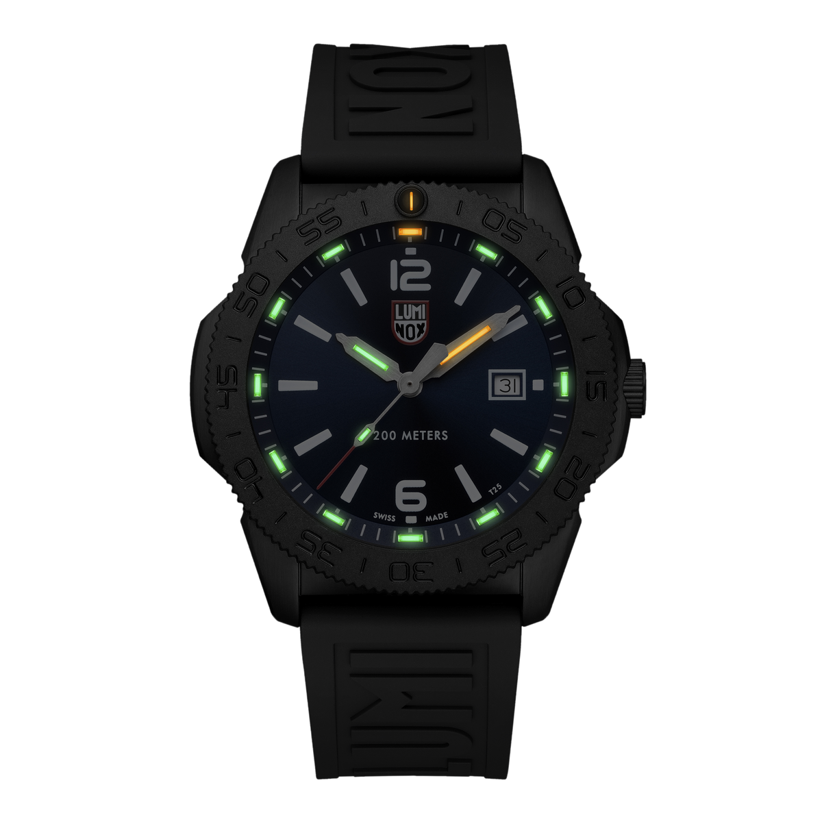 Luminox Pacific Diver Men's 44mm Quartz Watch XS.3123.B glowing in the dark with Luminox Light Technology. The self-powered tritium tubes on the hands and markers of this Pacific Diver 3120 Series watch glow constantly for up to 25 years.