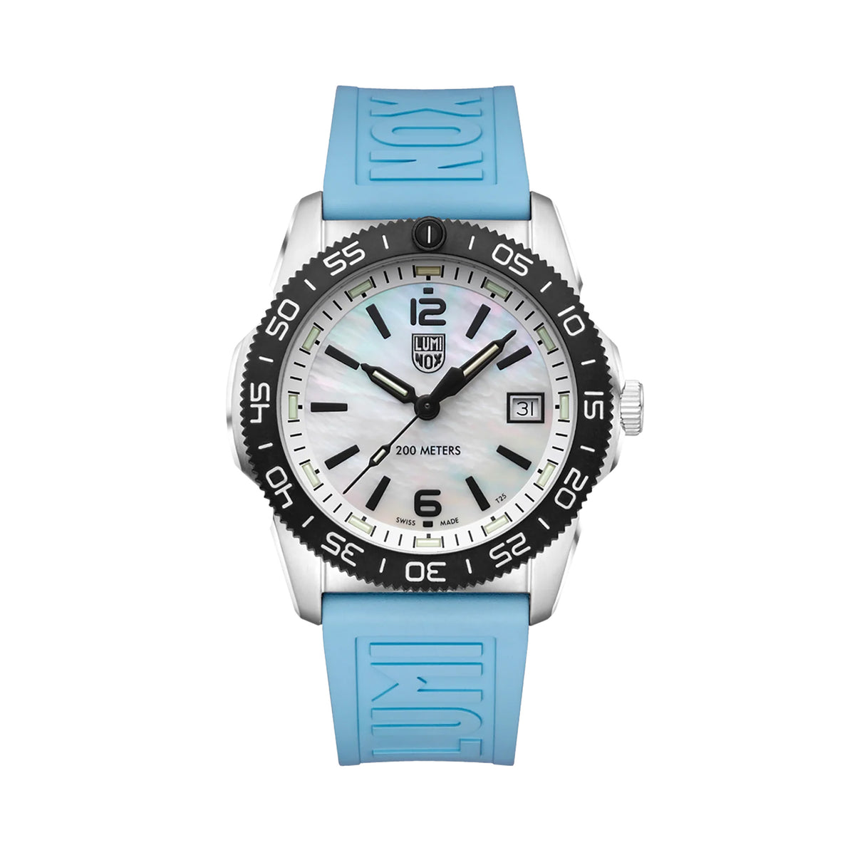 Front view of the Luminox Pacific Diver Ripple Men's 39mm Quartz Watch XS.3124M with a blue mother-of-pearl dial. This Pacific Diver Ripple dive watch features a stainless steel case, a CARBONOX™ rotating dive bezel and a Coastal Blue rubber strap.