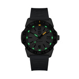 Luminox Pacific Diver Ripple Men's 39mm Quartz Watch XS.3124M glowing in the dark with Luminox Light Technology. The self-powered tritium tubes on the hands, markers and bezel of this Pacific Diver Ripple dive watch glow constantly for up to 25 years.