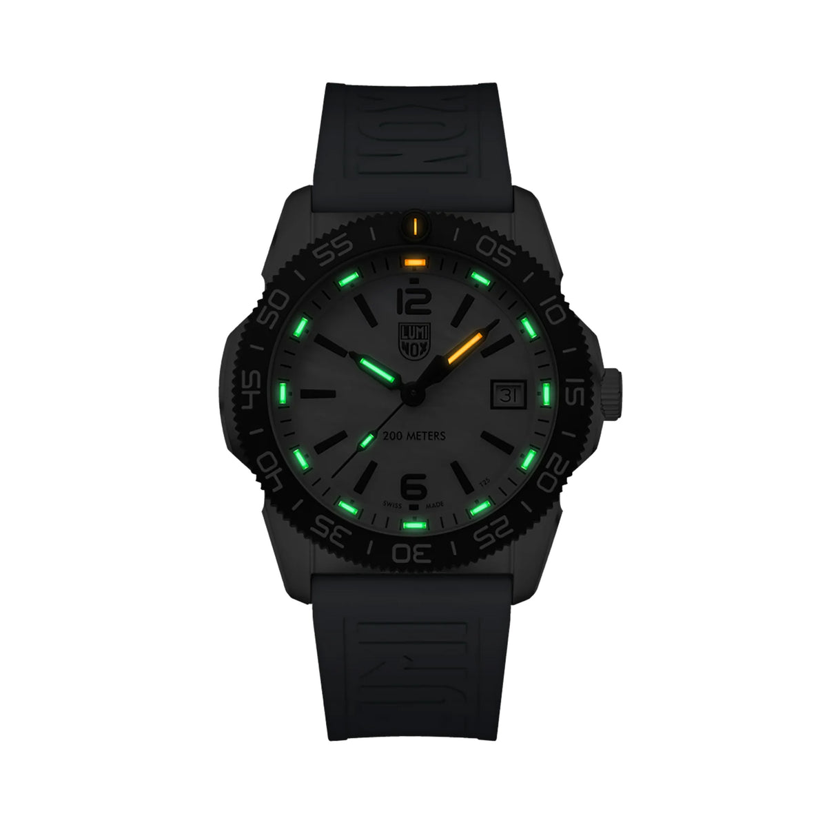 Luminox Pacific Diver Ripple Men's 39mm Quartz Watch XS.3124M glowing in the dark with Luminox Light Technology. The self-powered tritium tubes on the hands, markers and bezel of this Pacific Diver Ripple dive watch glow constantly for up to 25 years.