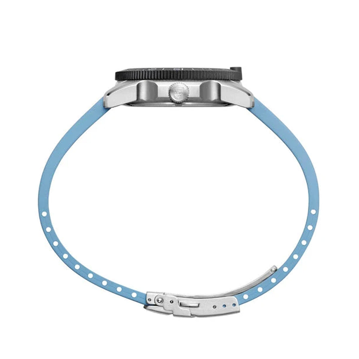 Three-quarter angle view of the Luminox Pacific Diver Ripple Men's 39mm Quartz Watch XS.3124M showing the case profile and screw-down crown. This Pacific Diver Ripple dive watch pairs a stainless steel case with a shimmering mother-of-pearl dial under sapphire crystal.