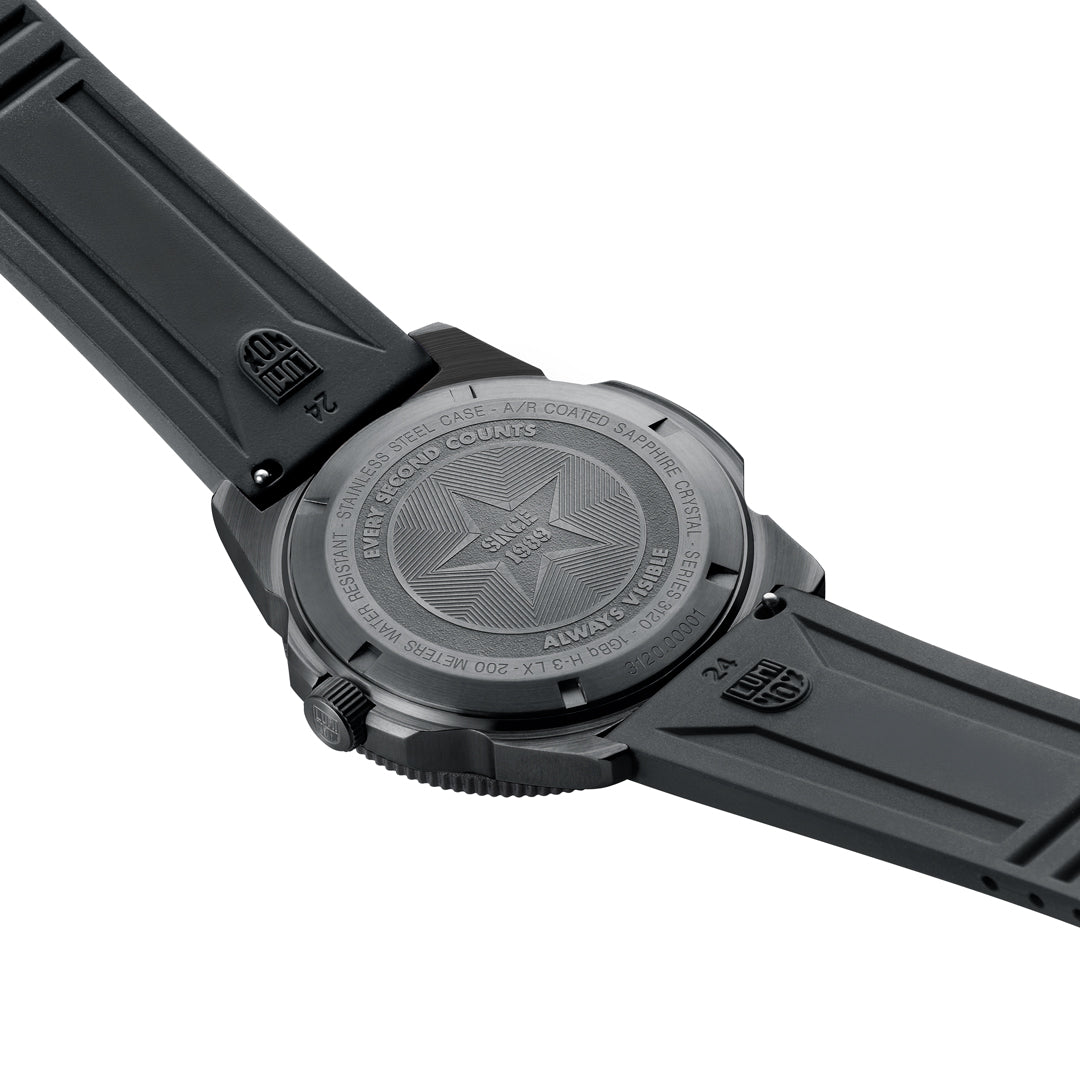 Back view of the Luminox Pacific Diver Men's 44mm Quartz Watch XS.3137.B showing the solid case back. This Pacific Diver 3120 Series dive watch is water resistant to 200m and comes on a black cut-to-fit rubber strap.