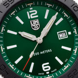 Close-up of the pin buckle on the black cut-to-fit rubber strap of the Luminox Pacific Diver Men's 44mm Quartz Watch XS.3137.B. This Pacific Diver 3120 Series strap can be trimmed to fit any wrist size.