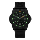 Luminox Pacific Diver Men's 44mm Quartz Watch XS.3137.B glowing in the dark with Luminox Light Technology. The self-powered tritium tubes on the hands and markers of this Pacific Diver 3120 Series watch glow constantly for up to 25 years.