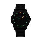 Luminox Pacific Diver Chronograph Men's 44mm Quartz Watch XS.3141.BO.1 glowing in the dark with Luminox Light Technology. The 14 self-powered tritium tubes on this Pacific Diver Chronograph glow constantly for up to 25 years.