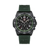 Front view of the Luminox Pacific Diver Chronograph Men’s 44mm Quartz Watch XS.3147 with a forest green dial, white numerals and three chronograph sub-dials. This Pacific Diver Chronograph features a black IP stainless steel case, a black CARBONOX™ rotating dive bezel and a green rubber strap.