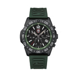 Front view of the Luminox Pacific Diver Chronograph Men’s 44mm Quartz Watch XS.3147 with a forest green dial, white numerals and three chronograph sub-dials. This Pacific Diver Chronograph features a black IP stainless steel case, a black CARBONOX™ rotating dive bezel and a green rubber strap.