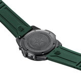 Back view of the Luminox Pacific Diver Chronograph Men’s 44mm Quartz Watch XS.3147 showing the screw-in stainless steel case back. This Pacific Diver Chronograph is water resistant to 200m and comes on a green rubber strap.