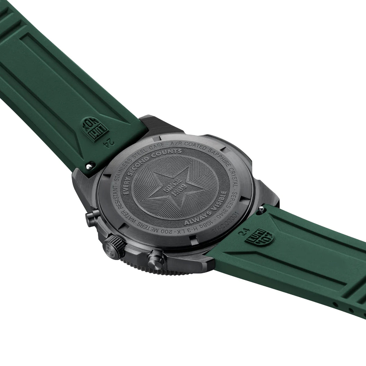 Back view of the Luminox Pacific Diver Chronograph Men’s 44mm Quartz Watch XS.3147 showing the screw-in stainless steel case back. This Pacific Diver Chronograph is water resistant to 200m and comes on a green rubber strap.