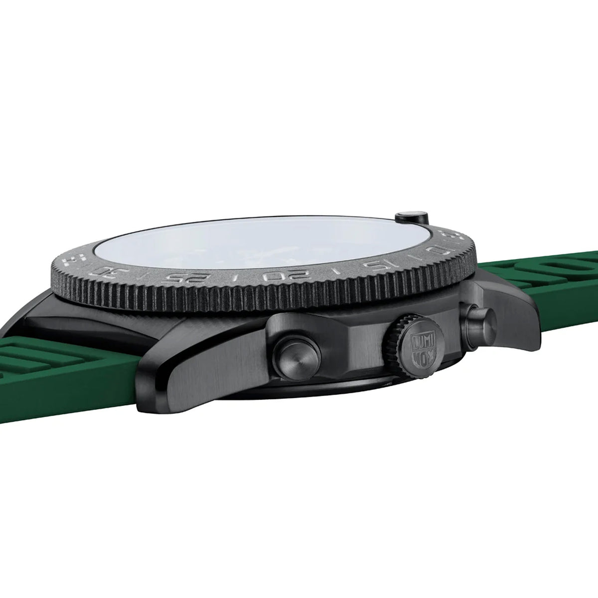 Three-quarter angle view of the Luminox Pacific Diver Chronograph Men’s 44mm Quartz Watch XS.3147 showing the screw-down crown and chronograph pushers. This Pacific Diver Chronograph pairs a black IP stainless steel case with a forest green dial under sapphire crystal.