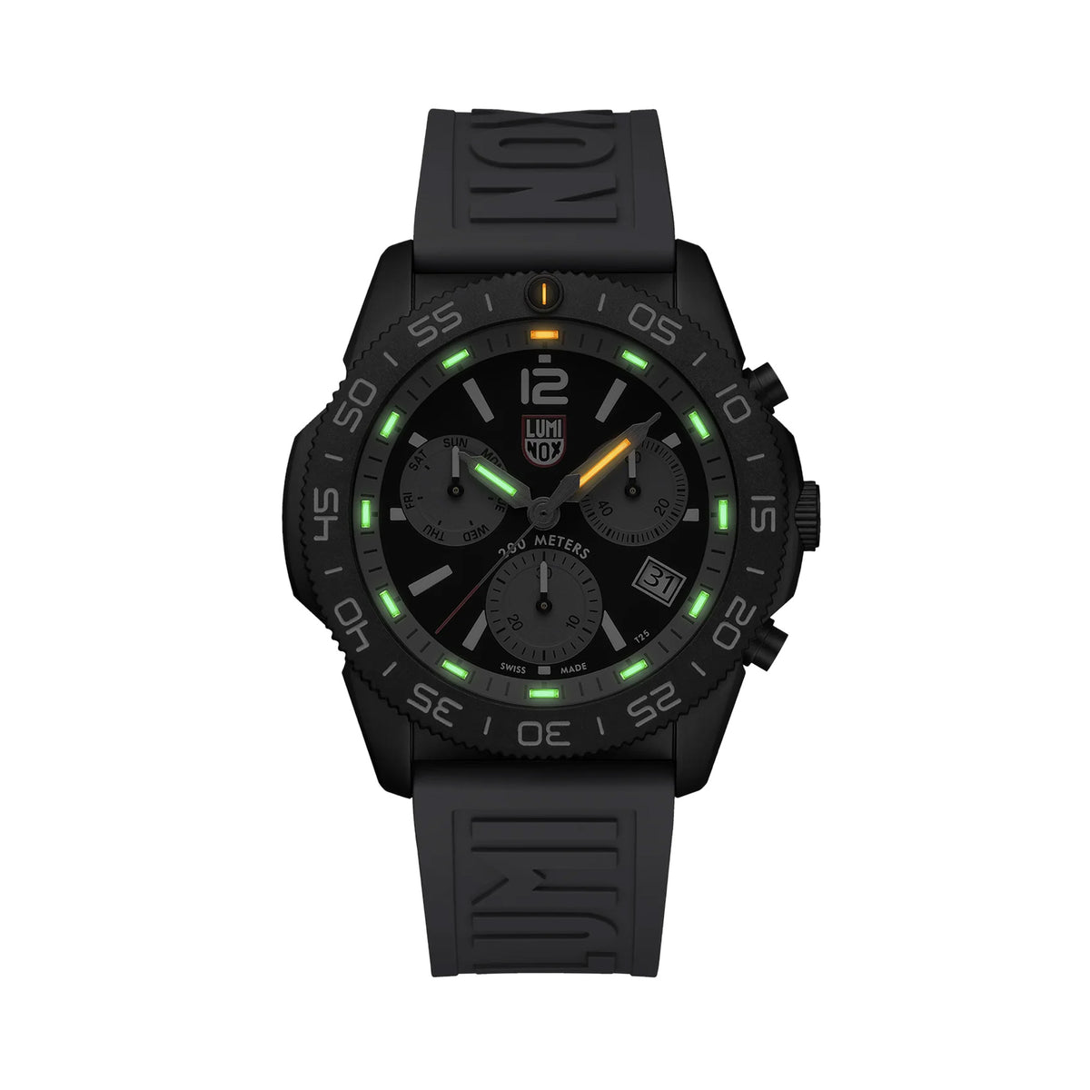 Luminox Pacific Diver Chronograph Men’s 44mm Quartz Watch XS.3148 glowing in the dark with Luminox Light Technology. The self-powered tritium tubes on the hands and markers of this Pacific Diver Chronograph glow constantly for up to 25 years.