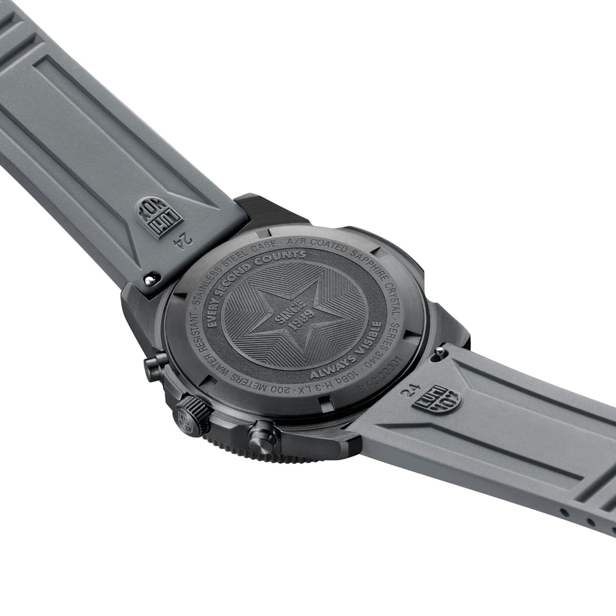 Back view of the Luminox Pacific Diver Chronograph Men’s 44mm Quartz Watch XS.3148 showing the stainless steel case back. This Pacific Diver Chronograph is water resistant to 200m and comes on a graphite grey rubber strap.