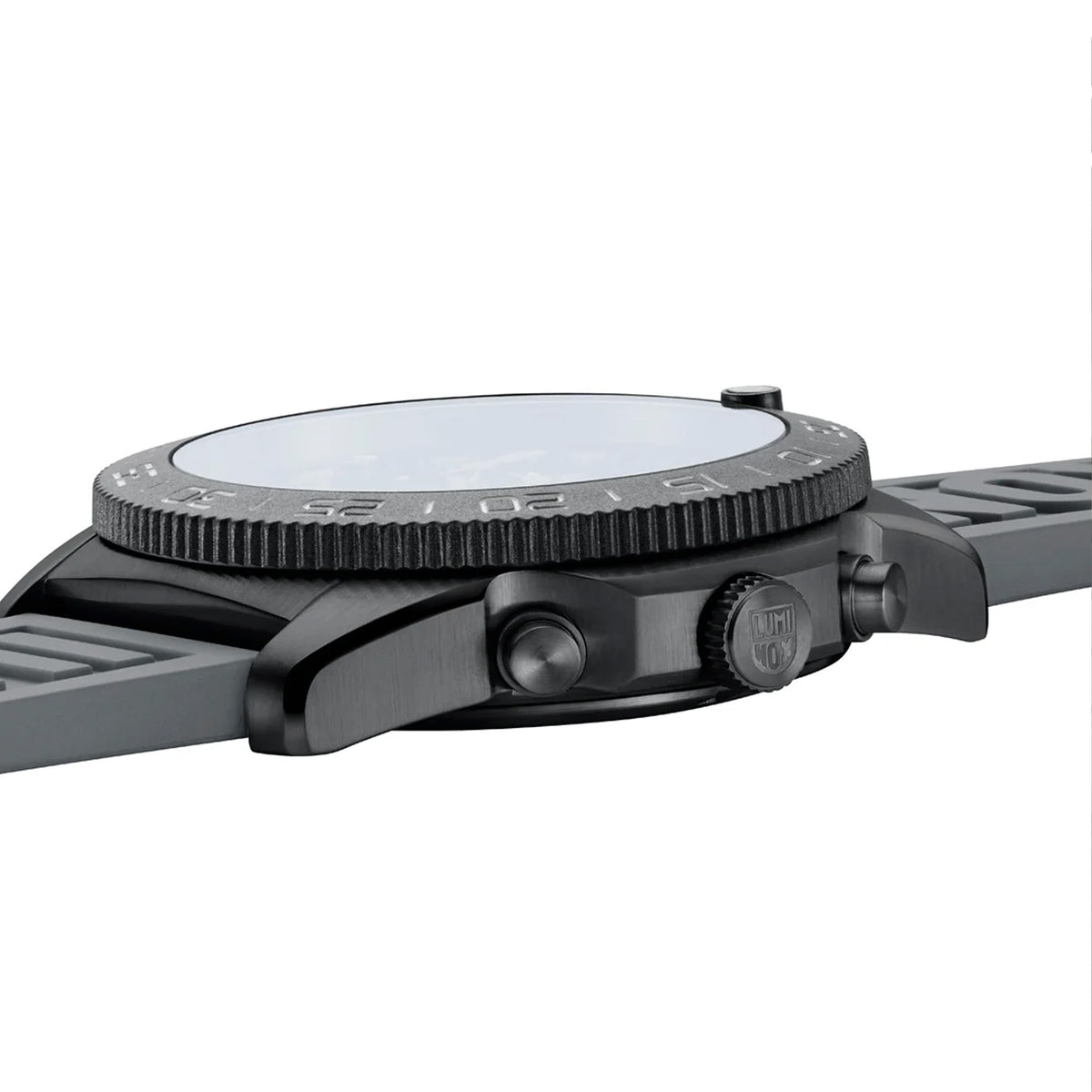 Three-quarter angle view of the Luminox Pacific Diver Chronograph Men’s 44mm Quartz Watch XS.3148 showing the screw-down crown and chronograph pushers. This Pacific Diver Chronograph pairs a black IP stainless steel case with a graphite grey dial under sapphire crystal.