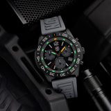 Luminox Pacific Diver Chronograph Men’s 44mm Quartz Watch XS.3148 shown in a rugged mountain setting. This Pacific Diver Chronograph features a graphite grey dial, a black IP stainless steel case and 200m water resistance.