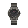 Front view of the Luminox Navy SEAL Foundation Men’s 43mm Quartz Watch XS.3228.NSF with a black dial and date window at 3 o’clock. This Navy SEAL Foundation 3220 Series watch features a gunmetal IP stainless steel case, bezel and bracelet.