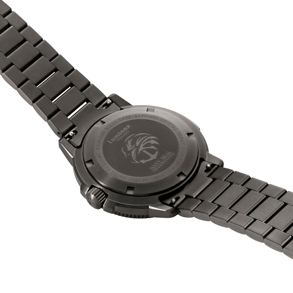Back view of the Luminox Navy SEAL Foundation Men’s 43mm Quartz Watch XS.3228.NSF showing the screw-down gunmetal IP stainless steel case back. This Navy SEAL Foundation 3220 Series watch is water resistant to 200m.