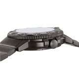Three-quarter angle view of the Luminox Navy SEAL Foundation Men’s 43mm Quartz Watch XS.3228.NSF showing the case profile and crown. This Navy SEAL Foundation 3220 Series watch pairs a dark gunmetal steel case with a black dial under sapphire crystal.