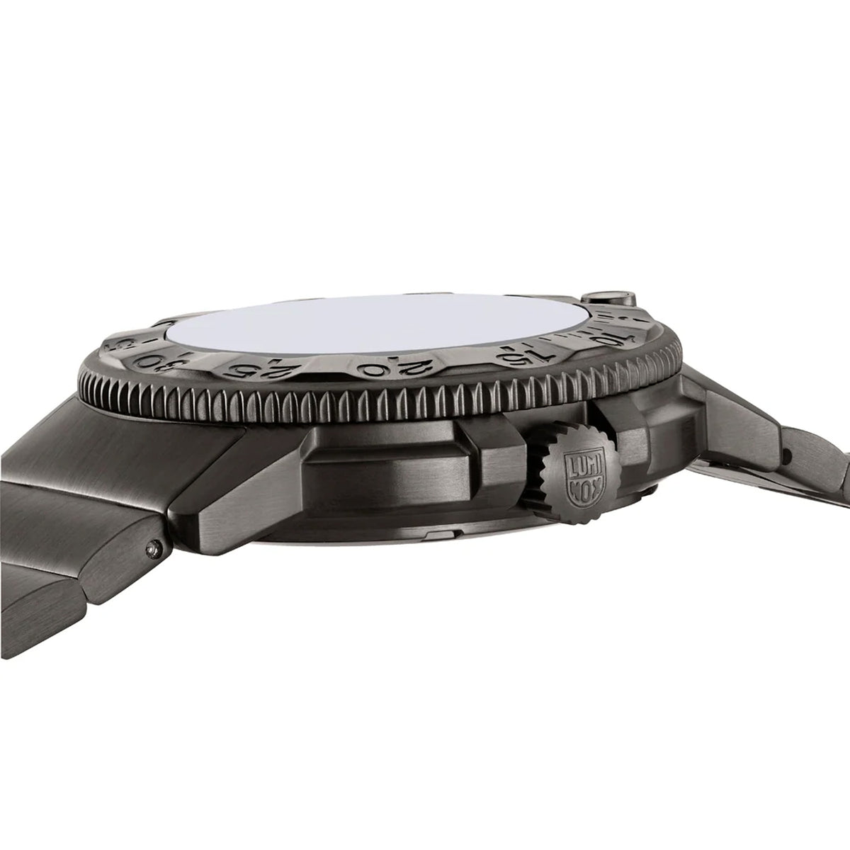 Three-quarter angle view of the Luminox Navy SEAL Foundation Men’s 43mm Quartz Watch XS.3228.NSF showing the case profile and crown. This Navy SEAL Foundation 3220 Series watch pairs a dark gunmetal steel case with a black dial under sapphire crystal.