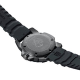 Photo taken from behind of a Luminox watch with a black strap.