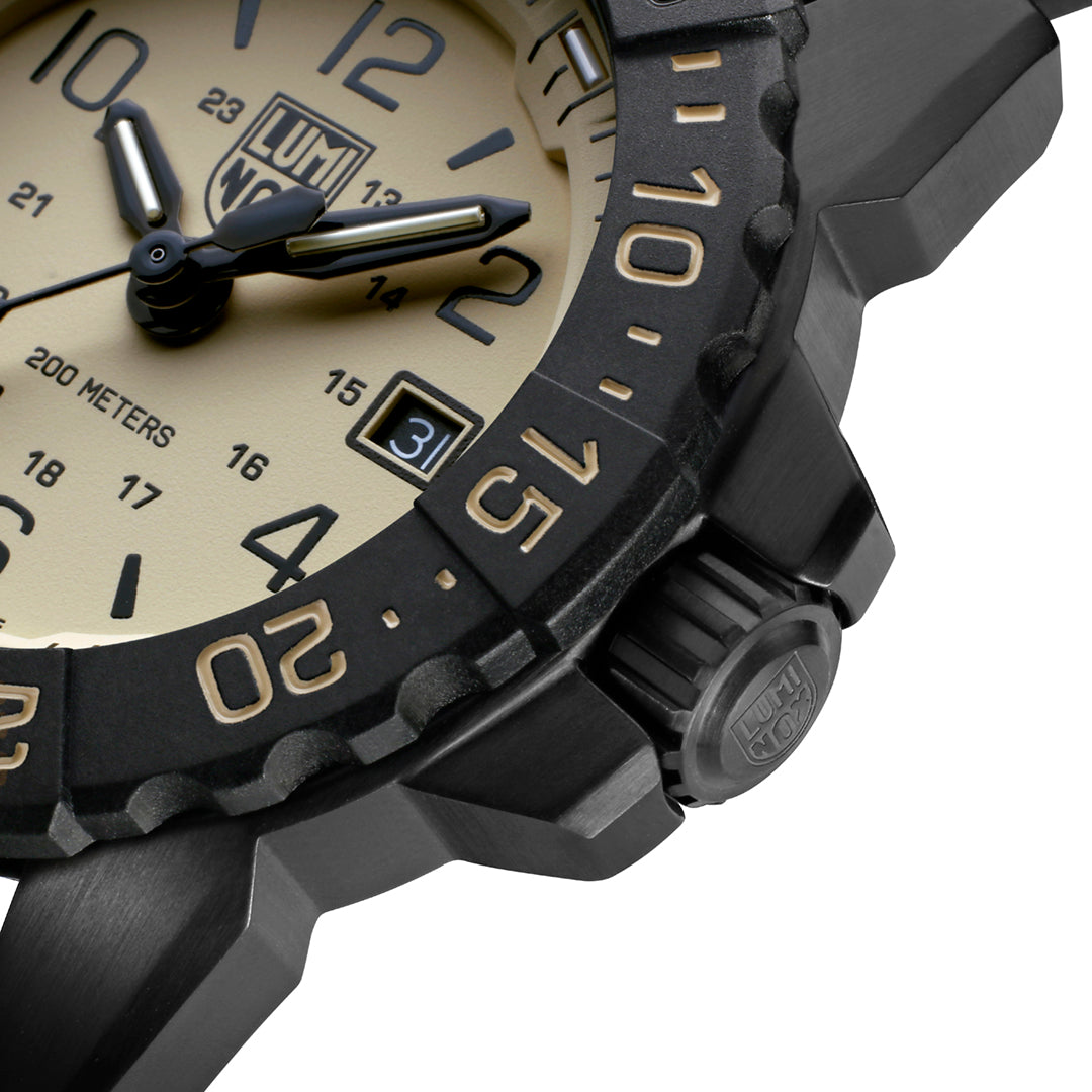 Close up of a Luminox Watch with a black band and case, featuring a Tan face.