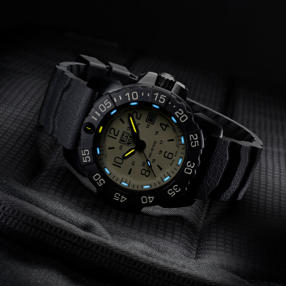 Luminox Watch with Black Band and Tan Face with Blue Lume