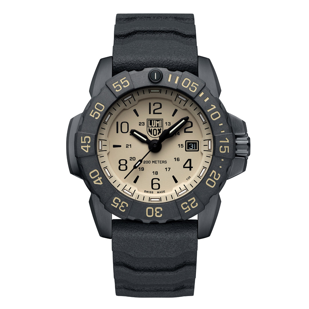 A Luminox Navy SEAL FoundationWatch with a black band and case, featuring a Tan face.