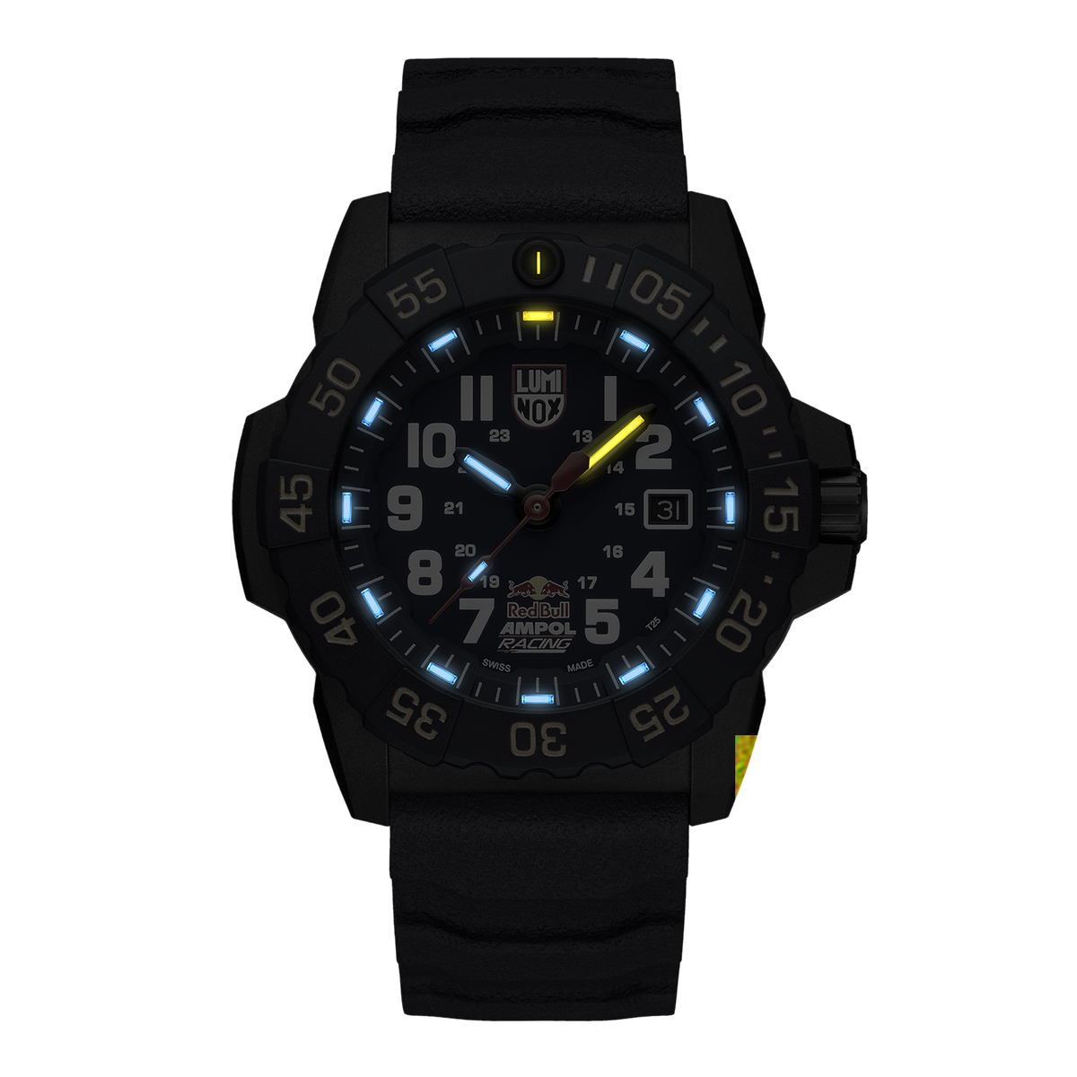 Luminox Navy SEAL Red Bull Ampol Racing Edition Men's 46mm Quartz Watch XS.3501.ARB.N glowing in the dark with Luminox Light Technology. The self-powered tritium tubes on the hands and markers of this limited edition Navy SEAL 3500 Series watch glow constantly for up to 25 years.