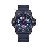 : Front view of the Luminox Navy SEAL Red Bull Ampol Racing Edition Men's 46mm Quartz Watch XS.3501.ARB.N with a blue dial, white numerals and the Red Bull Ampol Racing logo at 6 o'clock. This limited edition Navy SEAL 3500 Series watch features a CARBONOX™ case and a blue rotating dive bezel.