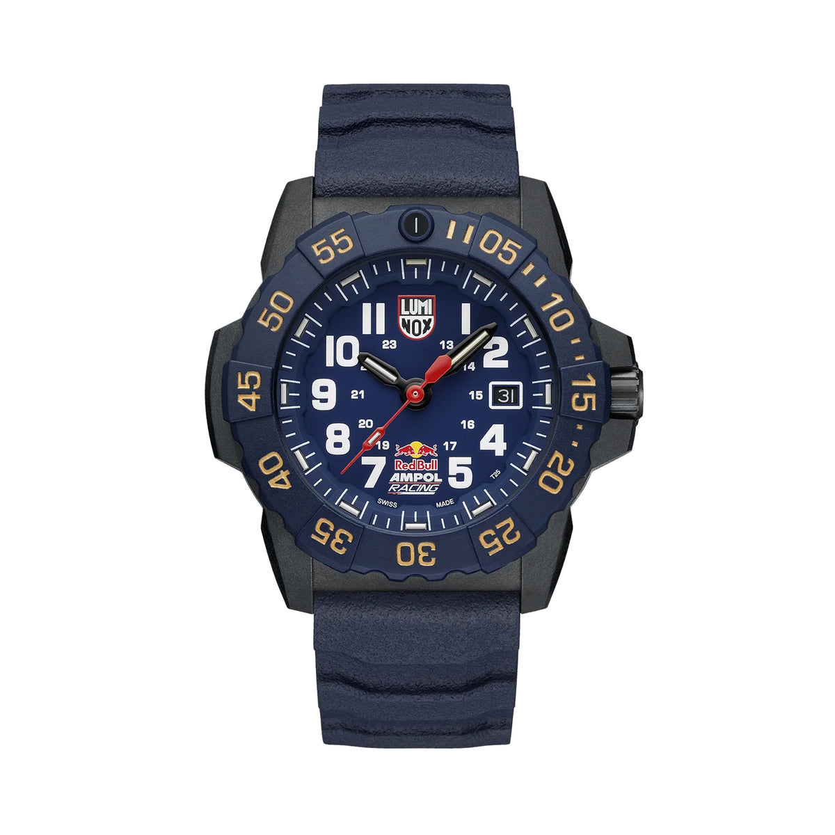 : Front view of the Luminox Navy SEAL Red Bull Ampol Racing Edition Men's 46mm Quartz Watch XS.3501.ARB.N with a blue dial, white numerals and the Red Bull Ampol Racing logo at 6 o'clock. This limited edition Navy SEAL 3500 Series watch features a CARBONOX™ case and a blue rotating dive bezel.