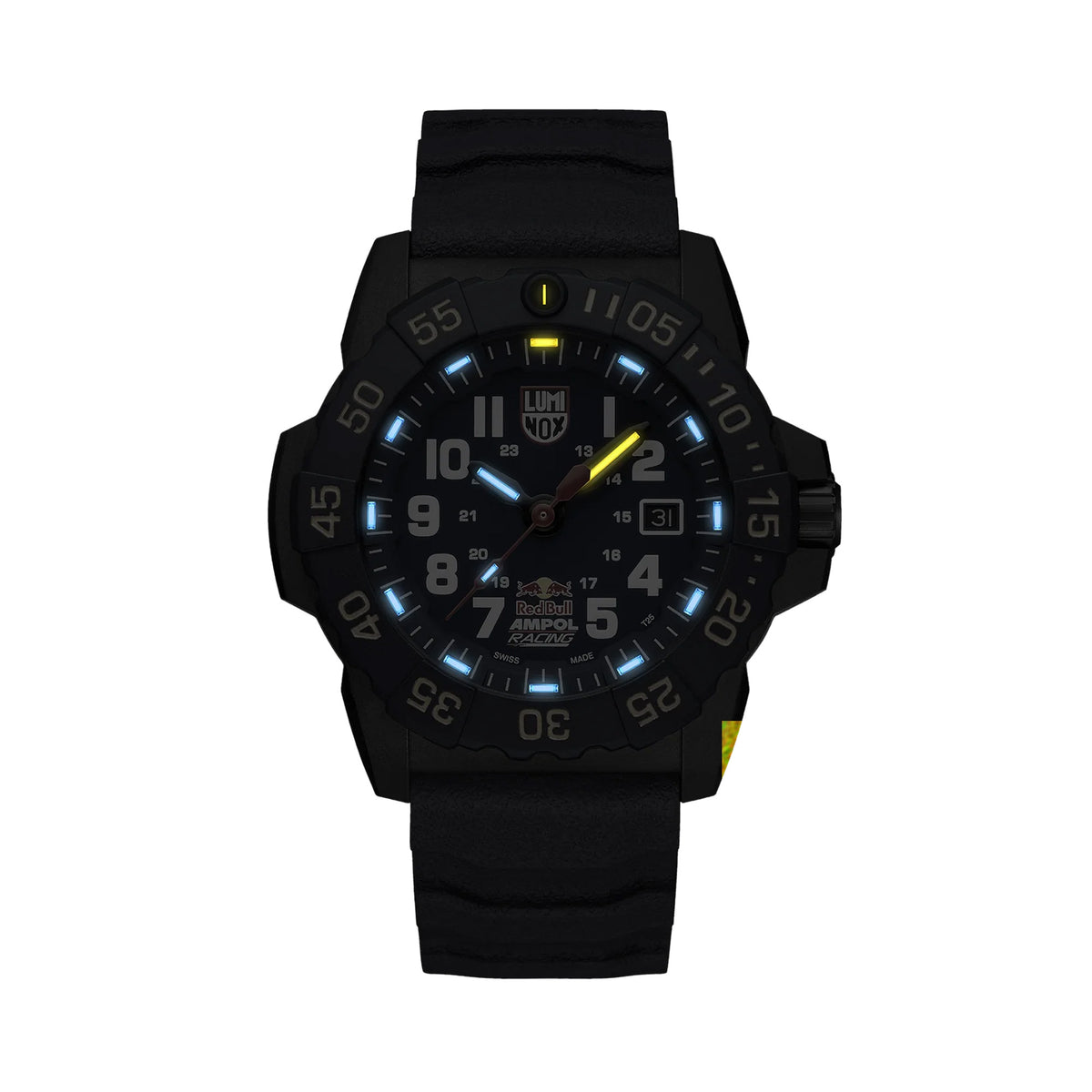 Luminox Navy SEAL Red Bull Ampol Racing Edition Men's 46mm Quartz Watch XS.3501.ARB.N glowing in the dark with Luminox Light Technology. The self-powered tritium tubes on the hands and markers of this limited edition Navy SEAL 3500 Series watch glow constantly for up to 25 years.