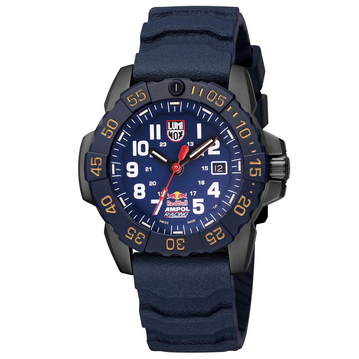 Three-quarter angle view of the Luminox Navy SEAL Red Bull Ampol Racing Edition Men's 46mm Quartz Watch XS.3501.ARB.N showing the case profile and crown. This limited edition Navy SEAL 3500 Series watch pairs a lightweight CARBONOX™ case with a matte navy blue design.