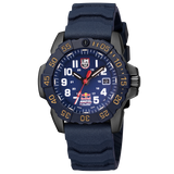 Three-quarter angle view of the Luminox Navy SEAL Red Bull Ampol Racing Edition Men's 46mm Quartz Watch XS.3501.ARB.N showing the case profile and crown. This limited edition Navy SEAL 3500 Series watch pairs a lightweight CARBONOX™ case with a matte navy blue design.