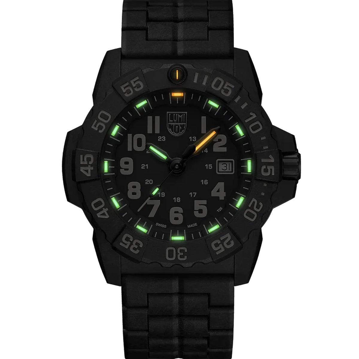 Luminox Navy SEAL Men's 45mm Quartz Watch XS.3510 glowing in the dark with Luminox Light Technology. The self-powered tritium gas tubes on the hands and hour markers of this Navy SEAL 3500 Series watch glow constantly for up to 25 years.
