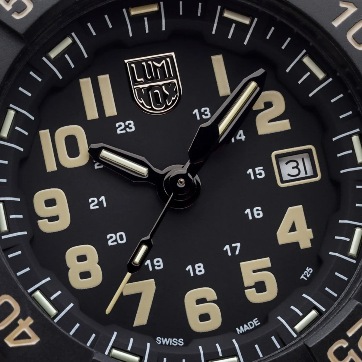Front view of the Luminox Navy SEAL Men's 45mm Quartz Watch XS.3510 with a black dial and white luminous numerals. This Navy SEAL 3500 Series watch features a black CARBONOX™ case, a black rotating dive bezel and a matching black strap.