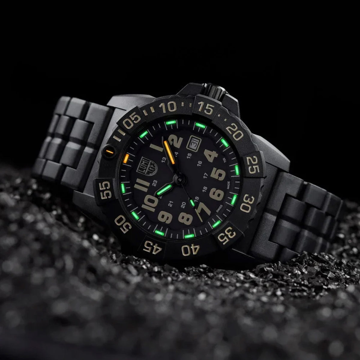 Three-quarter angle view of the Luminox Navy SEAL Men's 45mm Quartz Watch XS.3510 showing the case profile and screw-in crown. This Navy SEAL 3500 Series watch features a lightweight black CARBONOX™ case and a black dial with luminous hands.