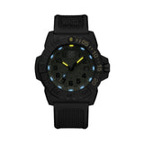 Luminox Navy SEAL Foundation Men's 45mm Quartz Watch XS.3517.NSF.SET glowing in the dark with ice-blue and yellow Luminox Light Technology tubes. The self-powered tritium tubes on this Navy SEAL Foundation 3500 Series watch match the Foundation's colours and glow constantly for up to 25 years.