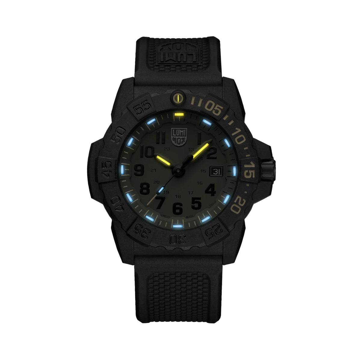 Luminox Navy SEAL Foundation Men's 45mm Quartz Watch XS.3517.NSF.SET glowing in the dark with ice-blue and yellow Luminox Light Technology tubes. The self-powered tritium tubes on this Navy SEAL Foundation 3500 Series watch match the Foundation's colours and glow constantly for up to 25 years.
