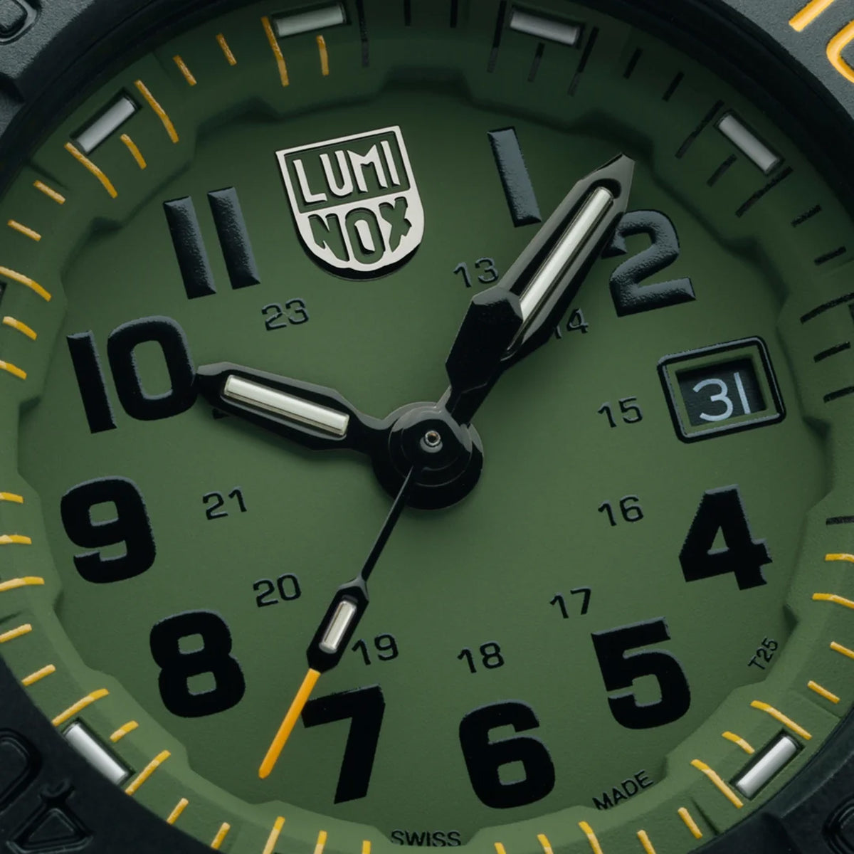 Front view of the Luminox Navy SEAL Foundation Men's 45mm Quartz Watch XS.3517.NSF.SETclose up of dial
