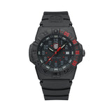 Front view of the Luminox Navy SEAL 3550 Men’s 44mm Quartz Watch XS.3565 with a black dial, U.S. Navy font numerals and a red seconds hand. This Navy SEAL 3550 Series watch features a black CARBONOX™ case, a rotating dive bezel with red markings and an integrated black rubber strap.