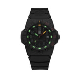 Luminox Navy SEAL 3550 Men’s 44mm Quartz Watch XS.3565 glowing in the dark with Luminox Light Technology. The 16 self-powered tritium tubes on this Navy SEAL 3550 Series watch glow constantly for up to 25 years.