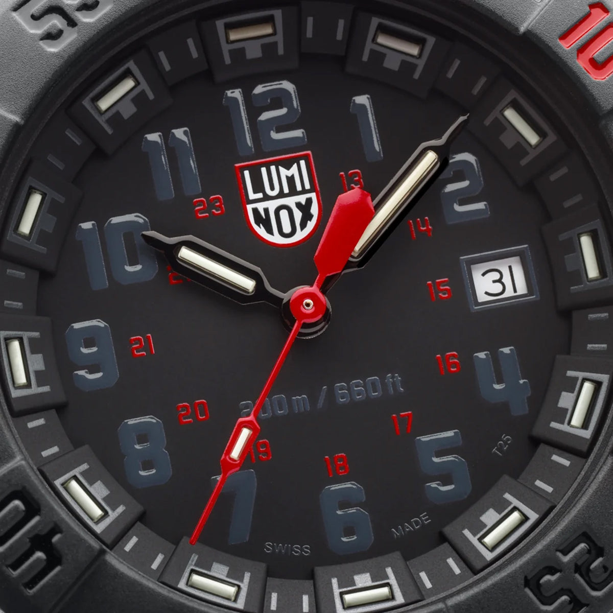 Close-up of the black dial on the Luminox Navy SEAL 3550 Men’s 44mm Quartz Watch XS.3565, showing the numerals in the official U.S. Navy font, the red seconds hand and the luminous hands and markers. This Navy SEAL 3550 Series watch features 16 self-powered tritium tubes for constant visibility in the dark.