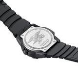 Back view of the Luminox Navy SEAL 3550 Men’s 44mm Quartz Watch XS.3565 showing the case back. This Navy SEAL 3550 Series watch is water resistant to 200m and comes on an integrated black rubber strap.