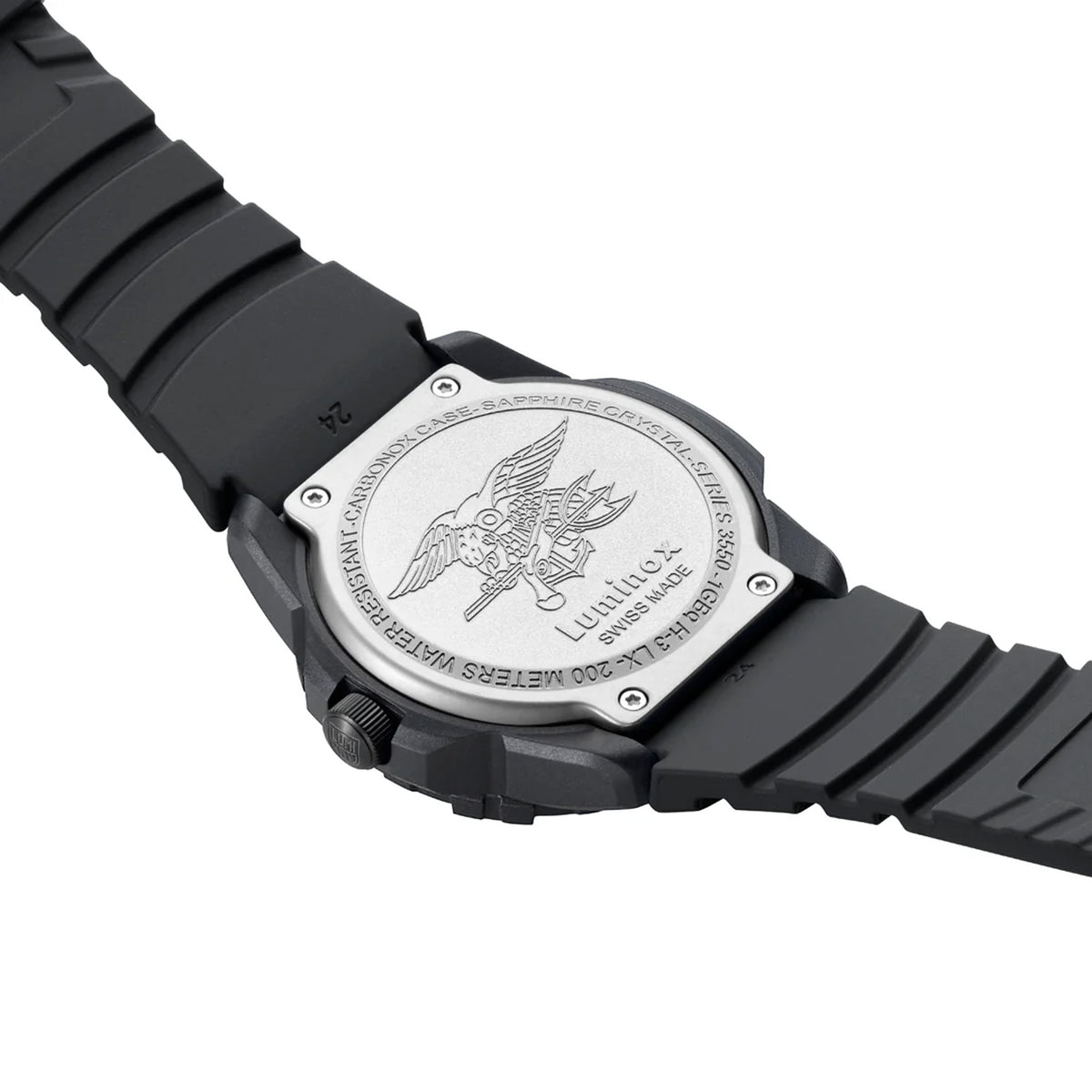 Back view of the Luminox Navy SEAL 3550 Men’s 44mm Quartz Watch XS.3565 showing the case back. This Navy SEAL 3550 Series watch is water resistant to 200m and comes on an integrated black rubber strap.