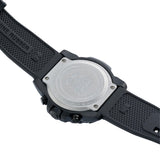 Back view of the Luminox Navy SEAL Red Bull Ampol Racing Edition Men's 43mm Quartz Chronograph Watch XS.3581.EY.ARB showing the screw-on CARBONOX™ case back. This limited edition watch is water resistant to 200m.