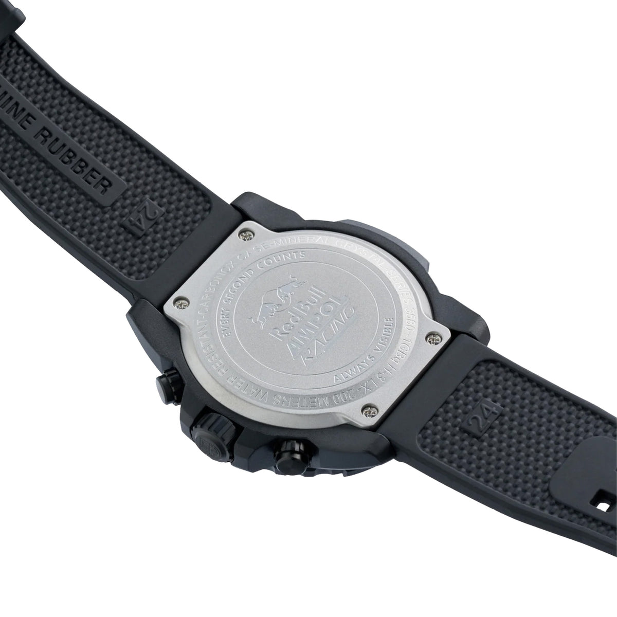 Back view of the Luminox Navy SEAL Red Bull Ampol Racing Edition Men's 43mm Quartz Chronograph Watch XS.3581.EY.ARB showing the screw-on CARBONOX™ case back. This limited edition watch is water resistant to 200m.