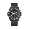 Front view of the Luminox Navy SEAL Chronograph Men's 45mm Quartz Watch XS.3581 with a black dial and three chronograph sub-dials. This Navy SEAL Chronograph 3580 Series watch features a black CARBONOX™ case, a black rotating dive bezel and a black rubber strap.