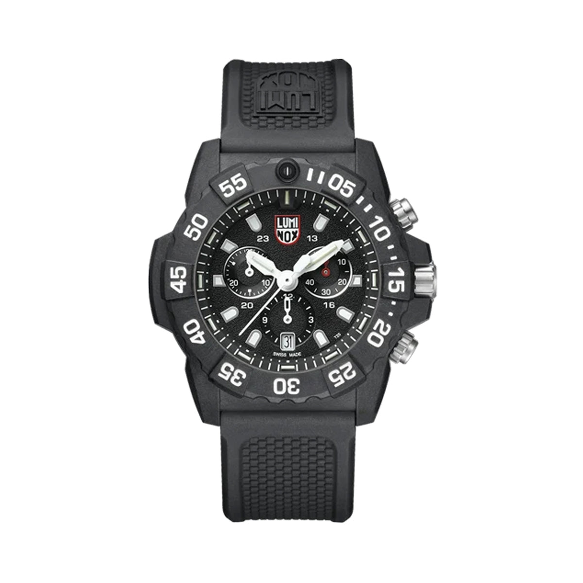 Front view of the Luminox Navy SEAL Chronograph Men's 45mm Quartz Watch XS.3581 with a black dial and three chronograph sub-dials. This Navy SEAL Chronograph 3580 Series watch features a black CARBONOX™ case, a black rotating dive bezel and a black rubber strap.