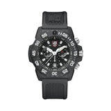 Front view of the Luminox Navy SEAL Chronograph Men's 45mm Quartz Watch XS.3581 with a black dial and three chronograph sub-dials. This Navy SEAL Chronograph 3580 Series watch features a black CARBONOX™ case, a black rotating dive bezel and a black rubber strap.